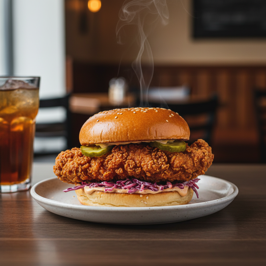 Storefront menu boards with fried chicken